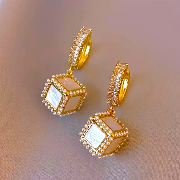 Grathia Cero Jewelry - Three Dimensional Pearl Dice Dangle Drop Earrings